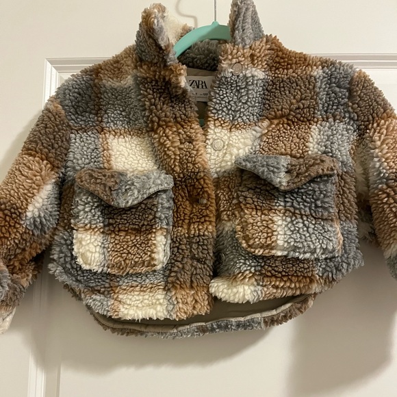 Zara kids Plaid shearling Cropped Jacket Size 6/7 - Picture 2 of 11